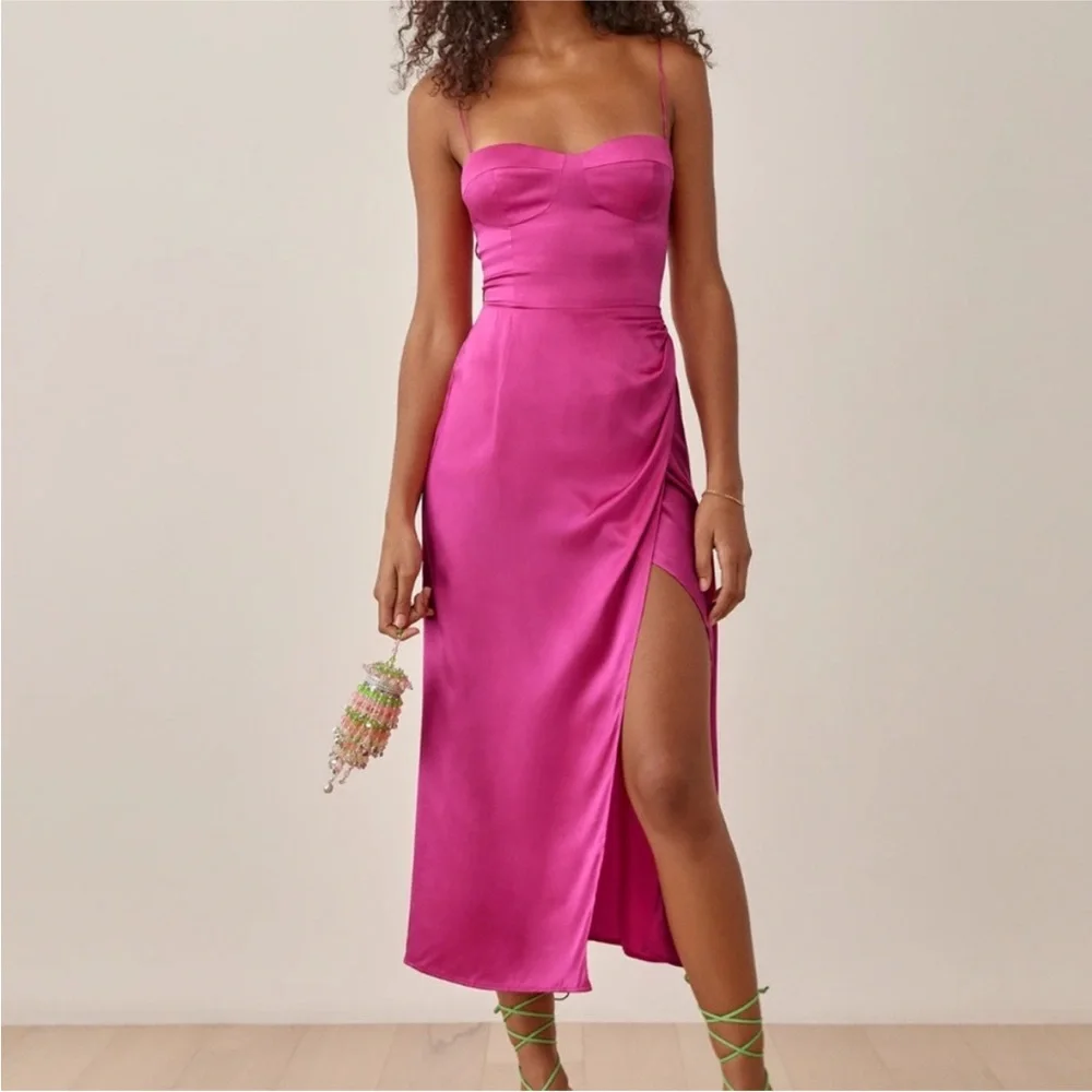 Reformation Marguerite silk dress in fuchsia - Picture 3 of 4